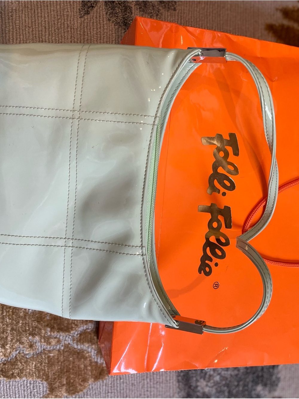 Vtg Mint green Folli Follie patent Leather Shoulder Bag with Stitched Paneling